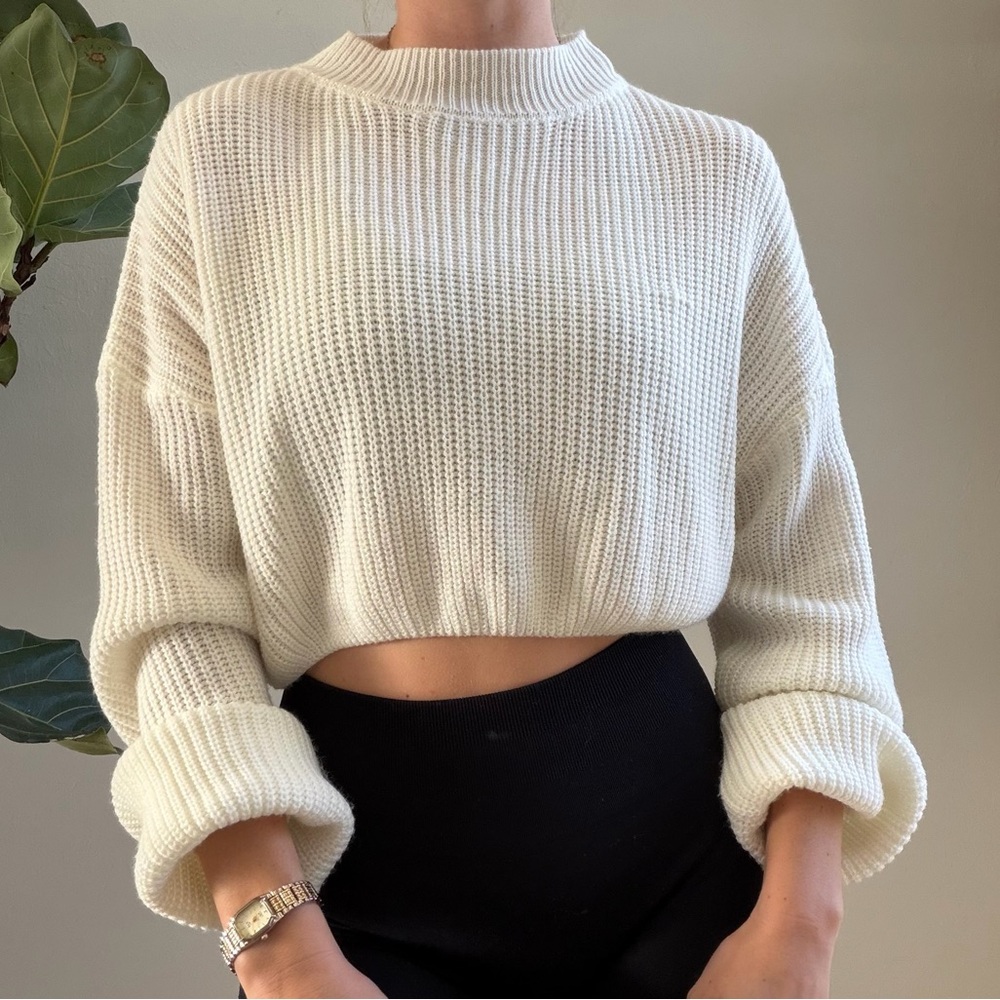 Cropped Cream Ribbed Knit Sweater
